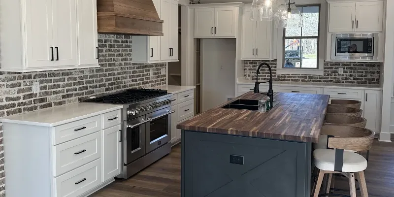Custom homes featuring a modern kitchen design with butcher block tops.